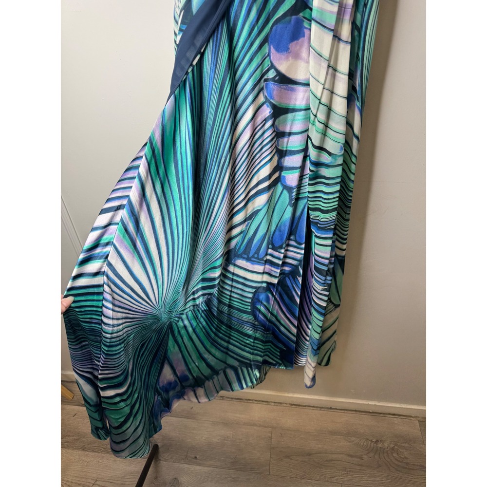 Y2K VTG Bethany Blue Teal Butterfly Print Halter Maxi Dress Ring Detail Size 10 - Picture 4 of 10